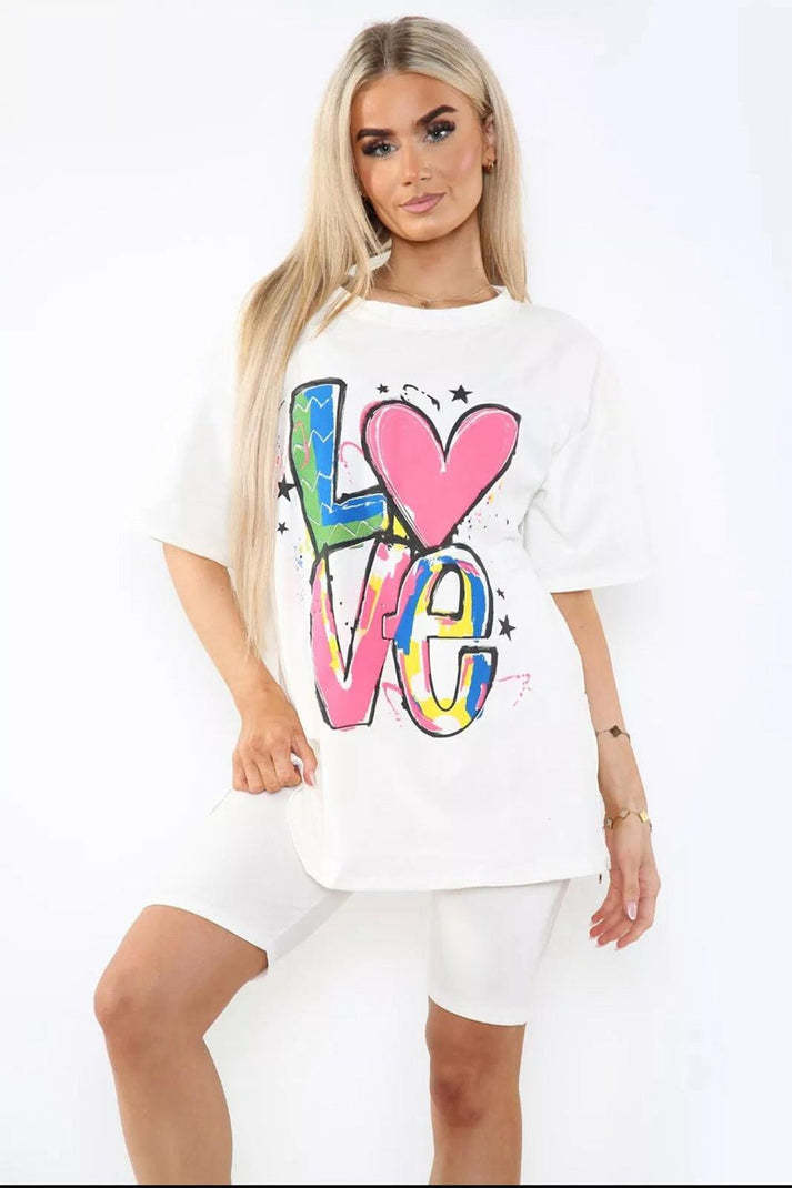 Love Slogan Co-Ord Set – Side Slit T-Shirt & Cycling Shorts