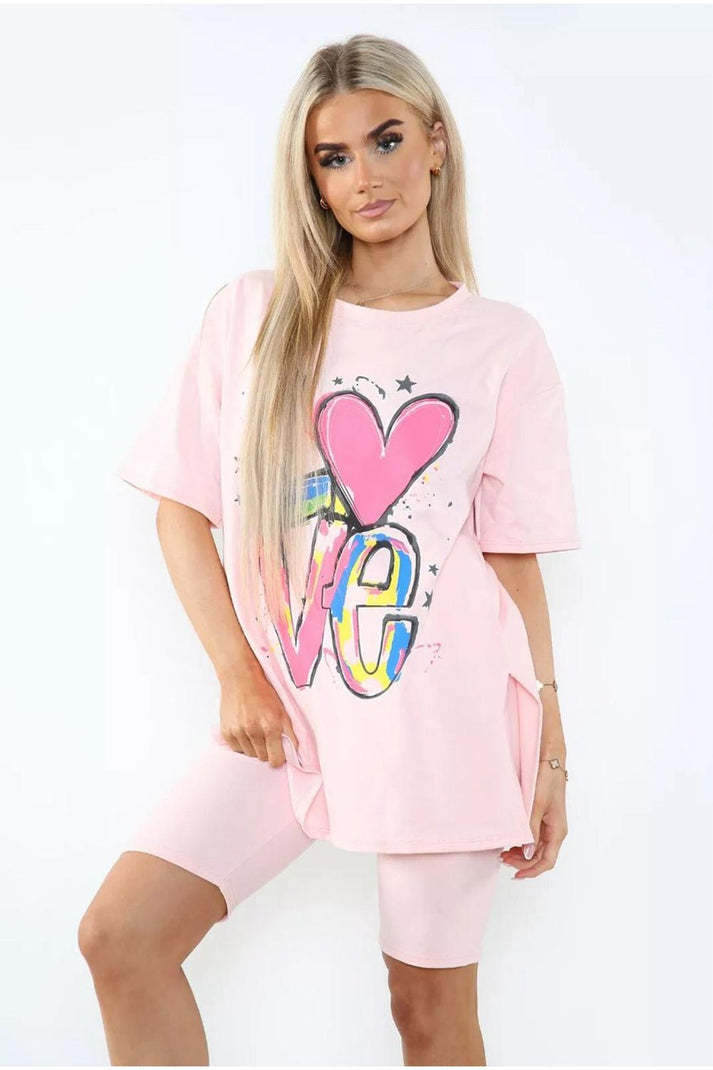 Love Slogan Co-Ord Set – Side Slit T-Shirt & Cycling Shorts