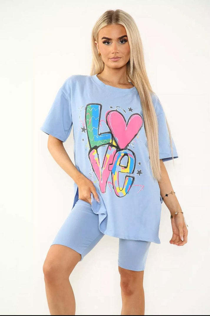 Love Slogan Co-Ord Set – Side Slit T-Shirt & Cycling Shorts