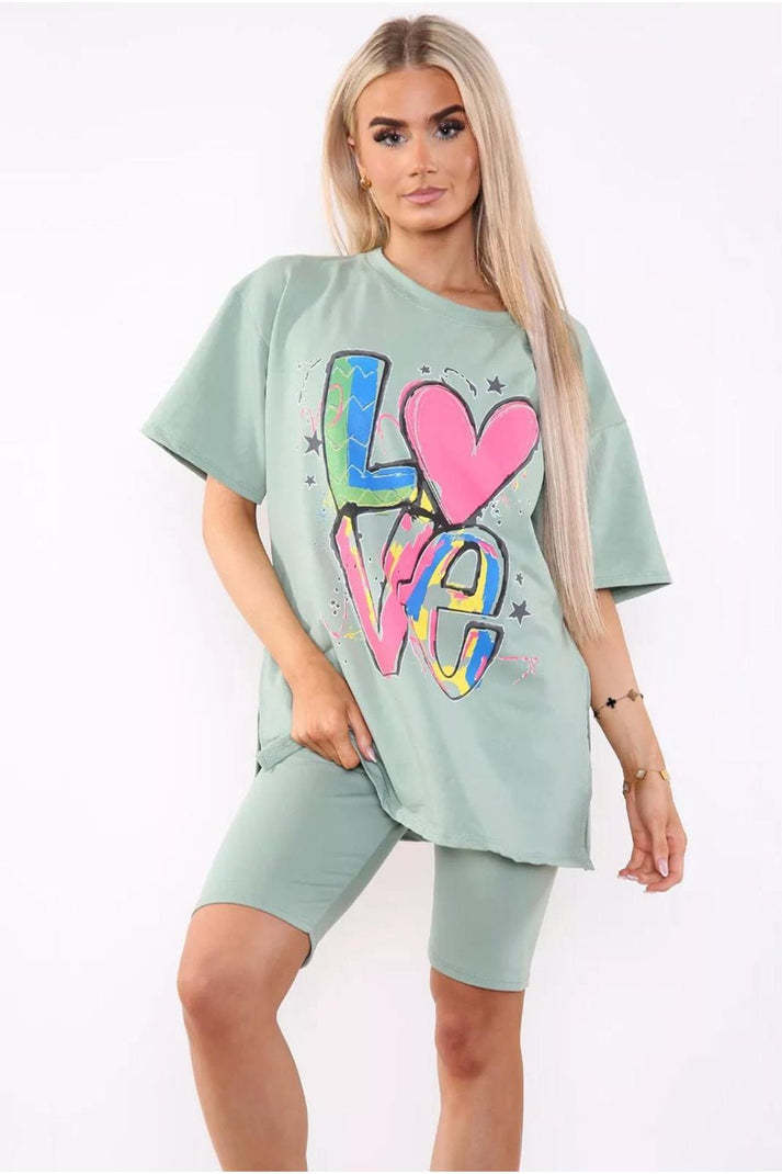 Love Slogan Co-Ord Set – Side Slit T-Shirt & Cycling Shorts