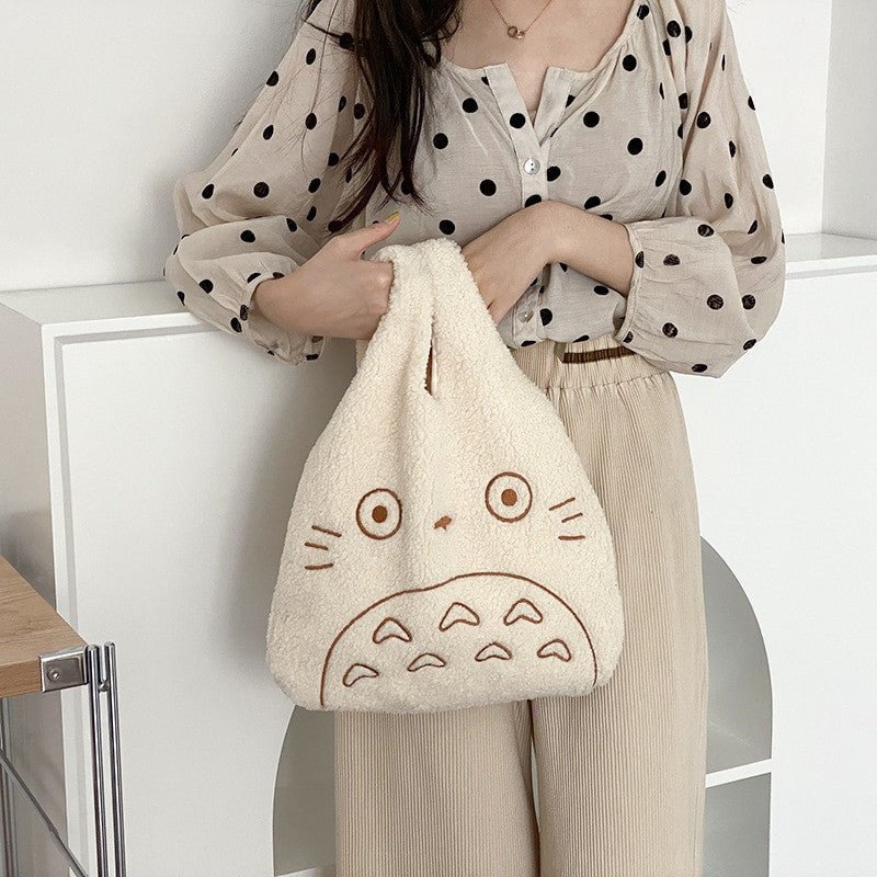 Kawaii Totoro Corduroy Tote Bag – Large Plush Handbag for Women - Adistore