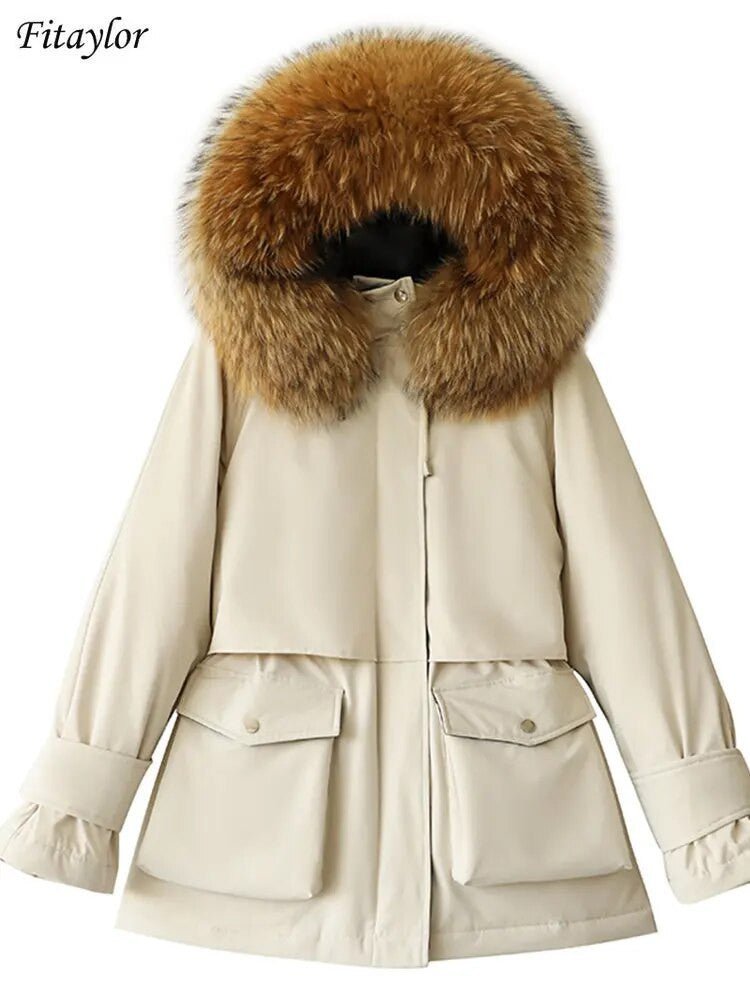 Fitaylor Women’s Winter Jacket – Large Natural Fox Fur Hooded Coat - Adistore