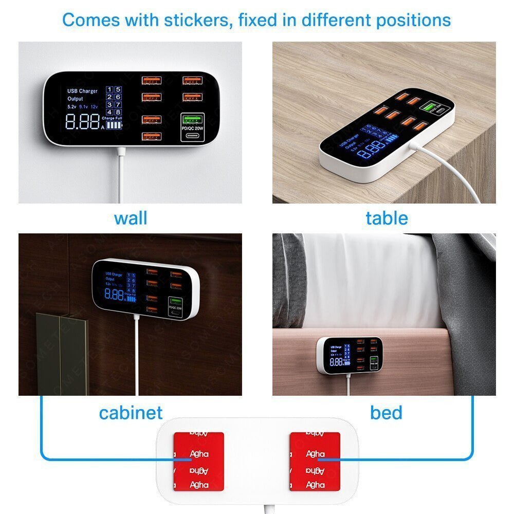 ASOMETECH 8-Port USB Charger Station with LED Display for iPhone & Xiaomi - Adistore