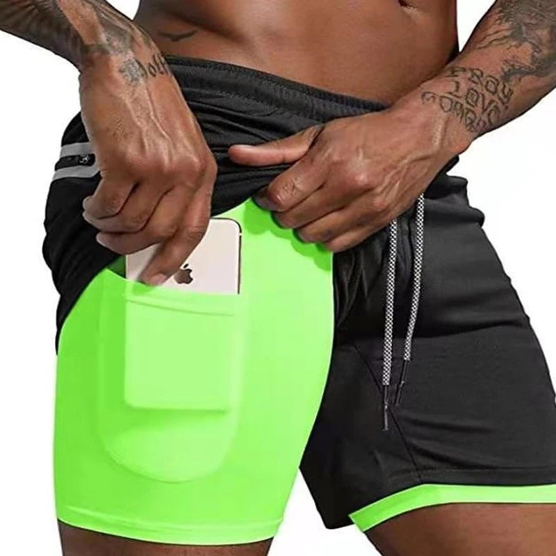 Men's 2-in-1 gym fitness shorts with inner compression lining and phone pocket.