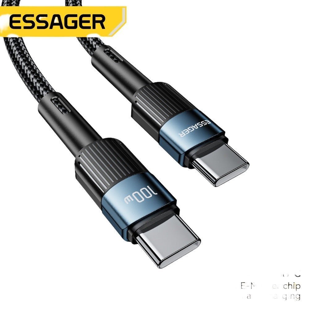 Essager 100W USB Type-C to USB-C fast charging cable with nylon braided exterior compatible with MacBook, Samsung, and Xiaomi devices.
