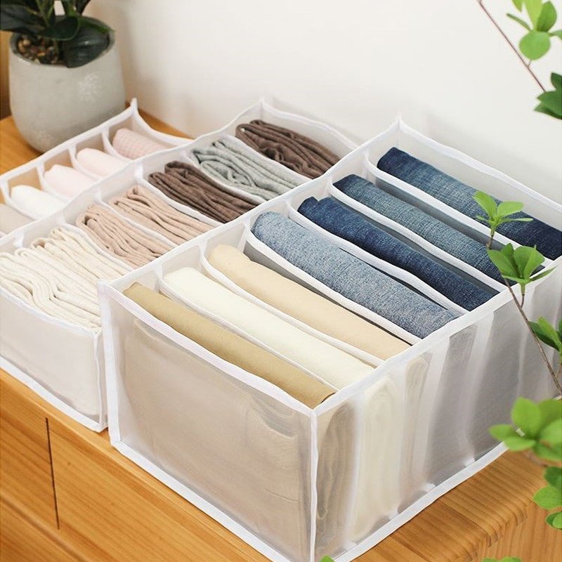 Jeans Compartment Storage Box - Closet Clothes Drawer Home Organiser on a wooden surface.