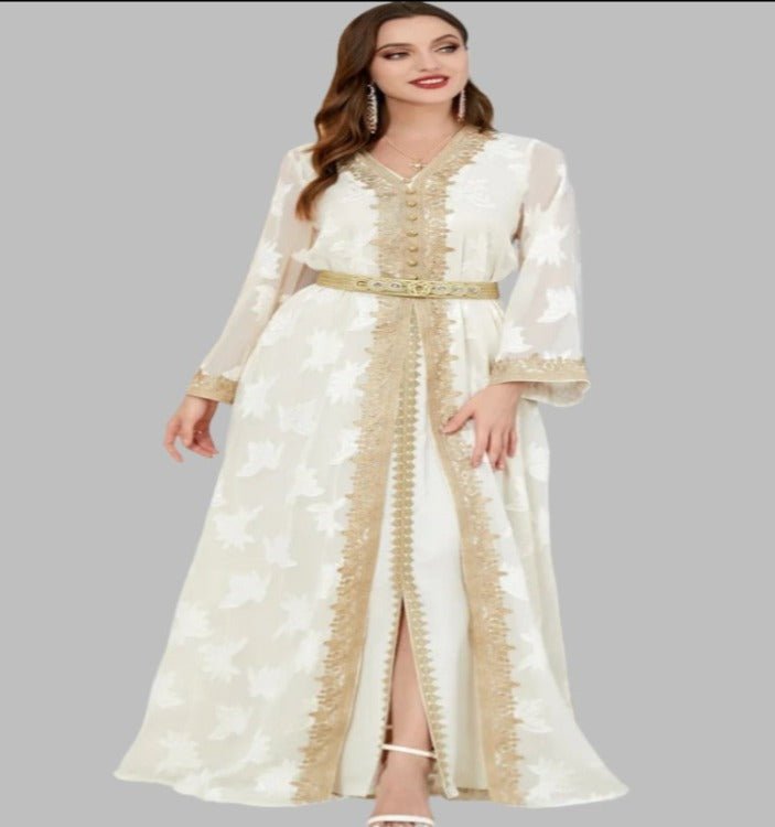 Siskakia Elegant Muslim Abaya Set – 2 Pieces Floral Embroidery Dress - Adistore