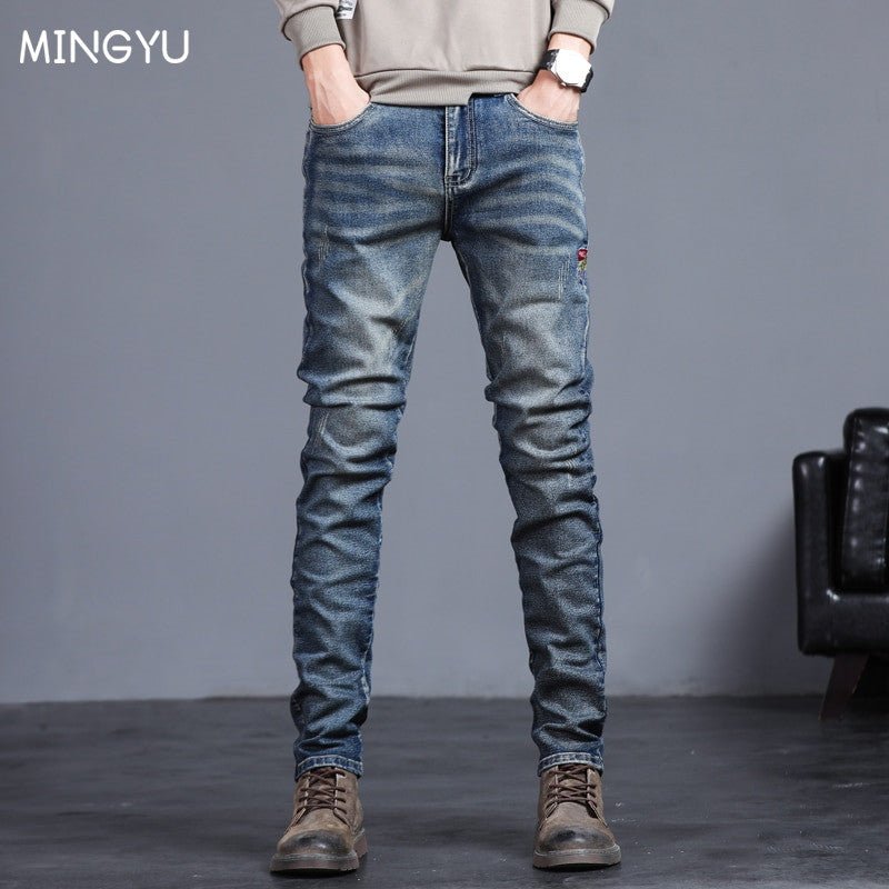 Vintage Blue Men's Jeans – Elastic Fit Spring Summer Denim Pants - Adistore