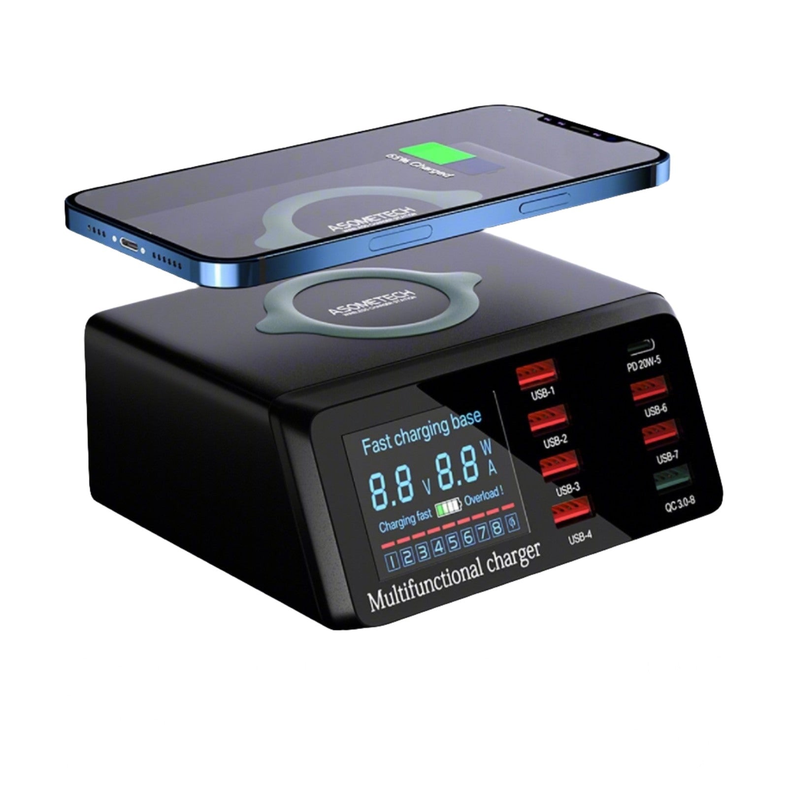 100W 8-Port USB Charging Station with Wireless Charger for iPhone/Xiaomi - Adistore