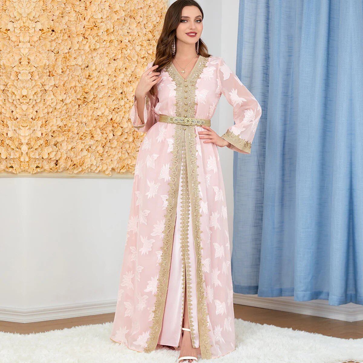 Siskakia Elegant Muslim Abaya Set – 2 Pieces Floral Embroidery Dress - Adistore