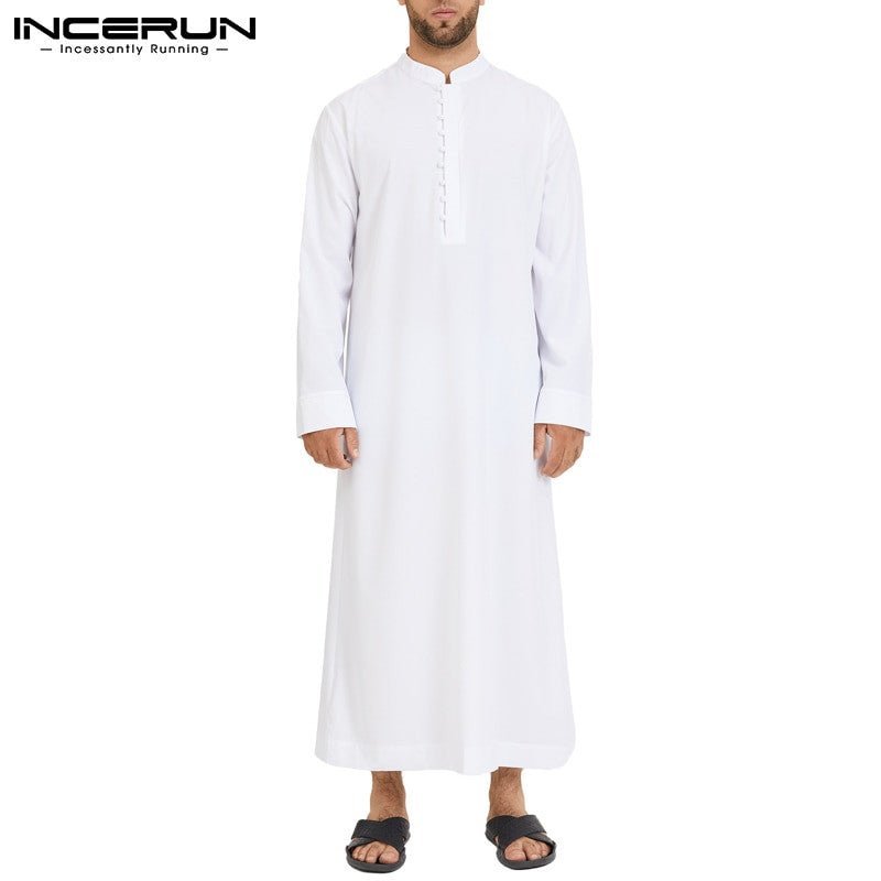 Muslim Men’s Long Sleeve Jubba Thobe – Arabic Kaftan with Stand Collar - Adistore