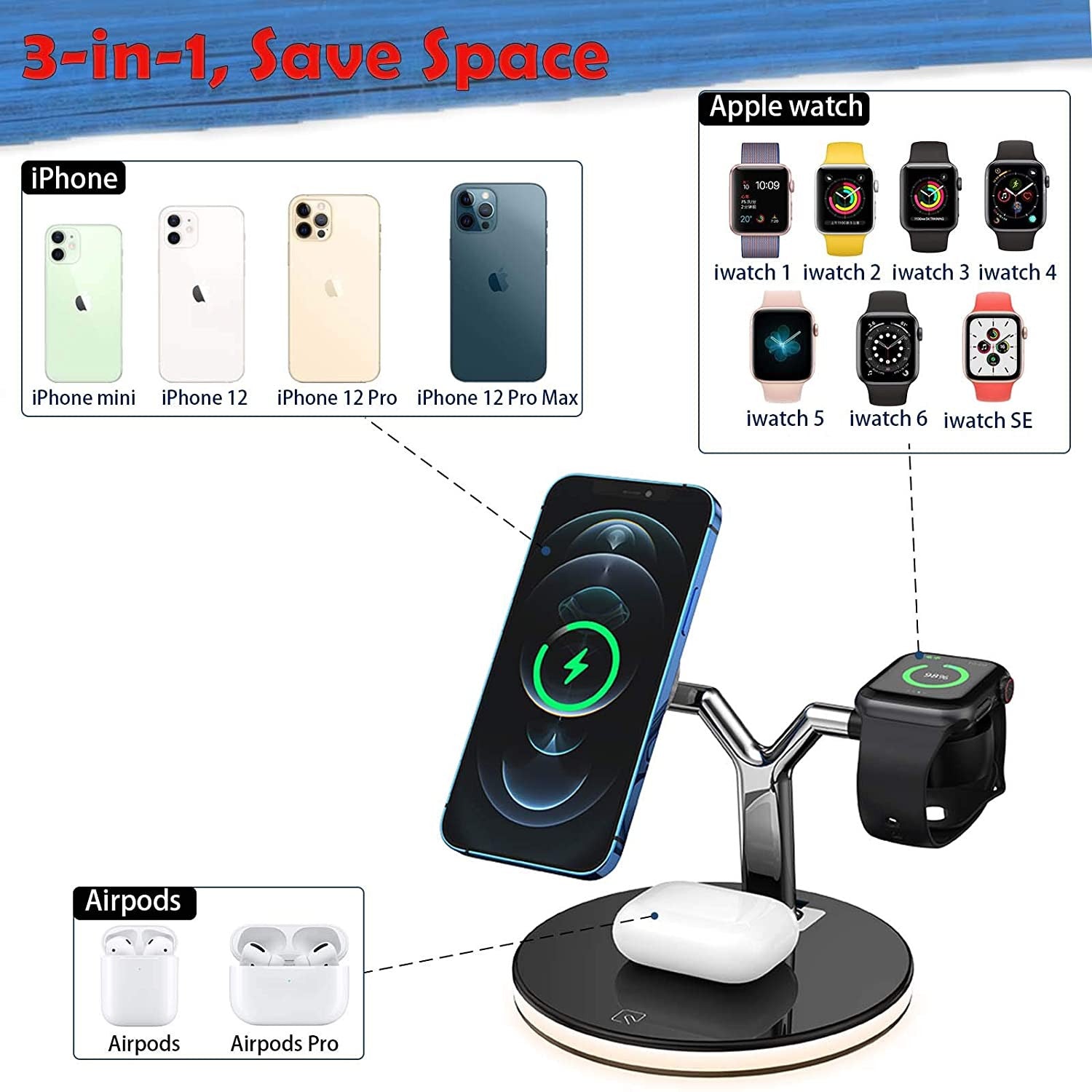 3in1 Magnetic Fast Wireless Charging Station for iPhone 12 & Apple Watch - Adistore