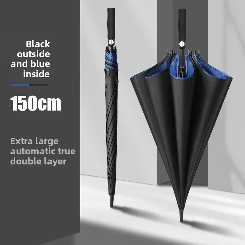 Large 150cm double layer golf umbrella with black exterior and blue interior, storm-resistant automatic open design for UK weather golf gear
