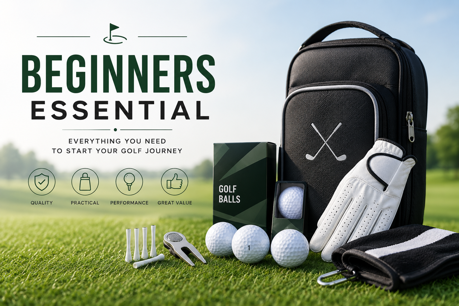 Beginner golf essentials UK — stand bag, golf balls, glove, tees and divot tool for new golfers