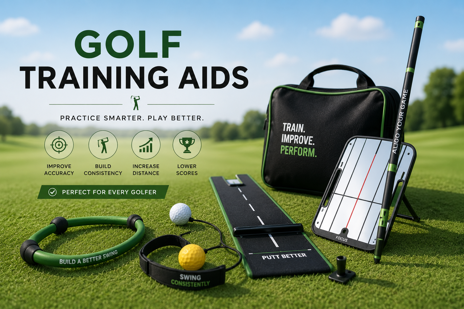 Golf practice training aids UK set with putting mat and swing trainer — practice tools for beginner golfers UK