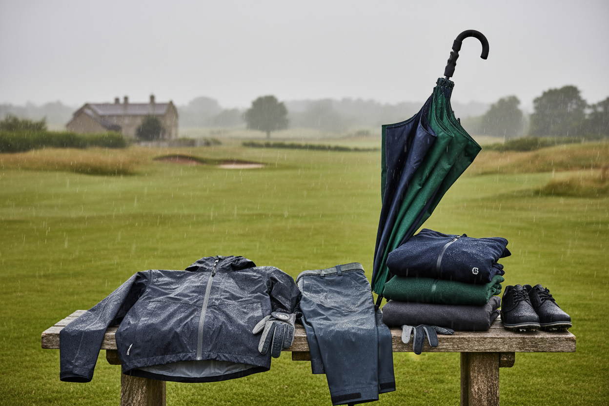UK weather golf gear for golfers — waterproof jacket, rain trousers, umbrella and golf shoes on rainy course