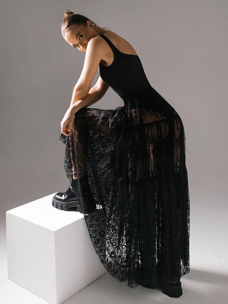 Elegant woman displaying the Mueyeruho 2024 Spring Summer Solid High Waist Flare Long Skirt in black lace, embodying sophistication and style, perfect for club and evening wear.