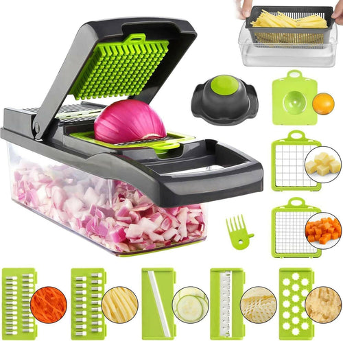 14-in-1 vegetable chopper mandoline slicer with 7 replaceable stainless steel blades on kitchen counter