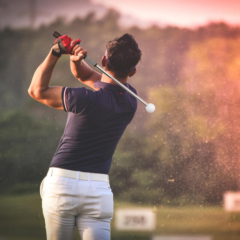 Golf swing trainer UK in use — improves swing rhythm, flexibility, speed and strength