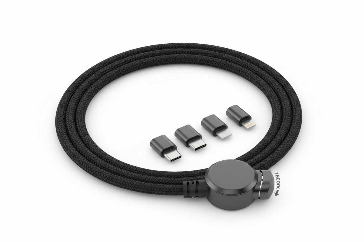 2m 180° Rotating Magnetic Charging Cable – Type-C, Micro, Lightning - Black