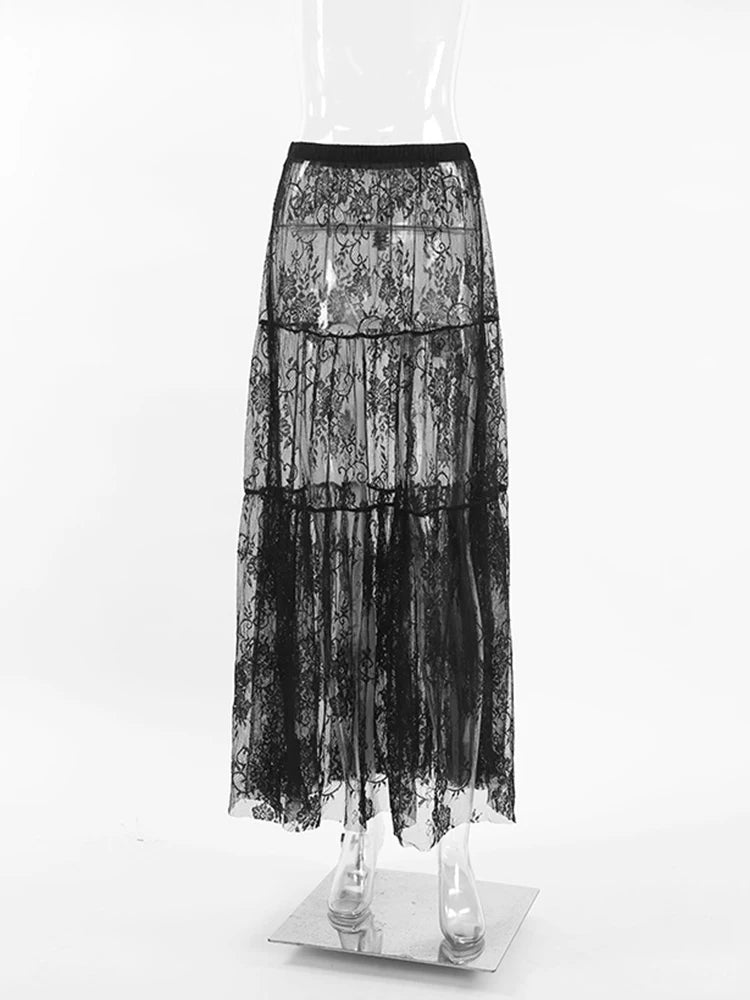 Elegant Mueyeruho high waist black lace flare long skirt for women displayed on a mannequin, showcasing intricate lace patterns and an A-line silhouette perfect for the 2024 spring and summer seasons.