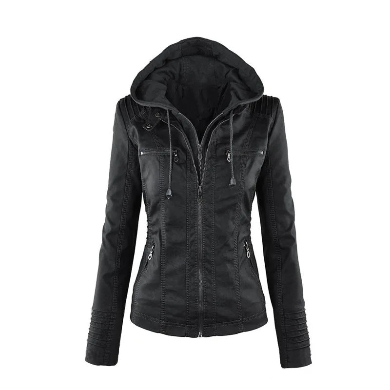 Faux Leather Jacket Women 2024  PU Leather Zipper Hoodies Outerwear Chaqueta