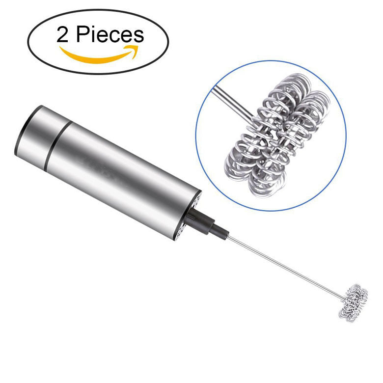 Metallic milk frother with attachments on a white background, featuring an Amazon logo.