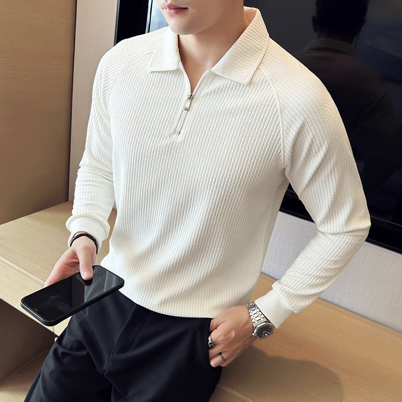 High Elastic Seersucker Half Zipper Polo Shirt – Stylish Men’s Casual Wear - Adistore