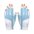 Women's golf gloves UK — Blue breathable non-slip open finger grip gloves on hands. 