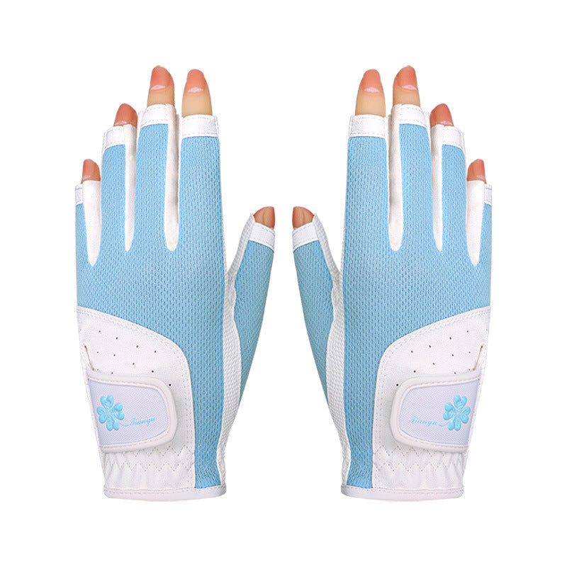 Women's golf gloves UK — Blue breathable non-slip open finger grip gloves on hands. 