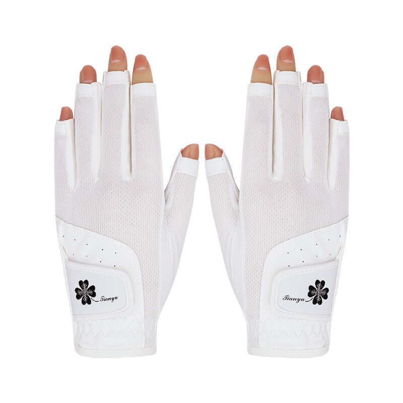 Women's golf gloves UK — White breathable non-slip open finger grip gloves from backside view of hands.