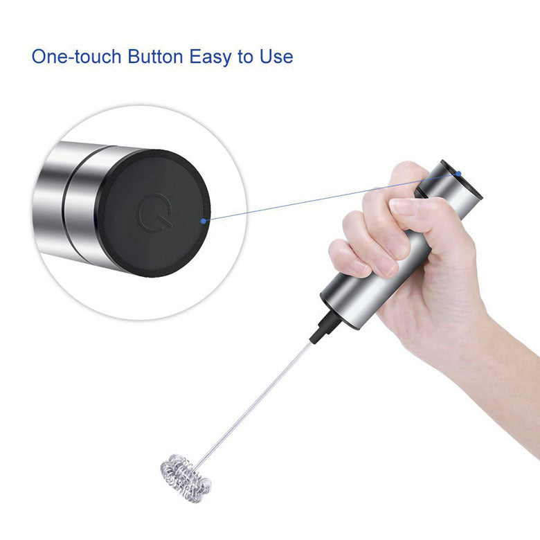 Hand holding a silver milk frother with a close-up of the one-touch button on a white background.