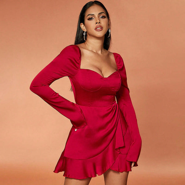 Elegant Slim-Fit Ruffled Dress – Women's Long Sleeve Fashion Outfit - Adistore
