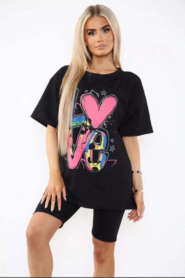 Love Slogan Co-Ord Set – Side Slit T-Shirt & Cycling Shorts
