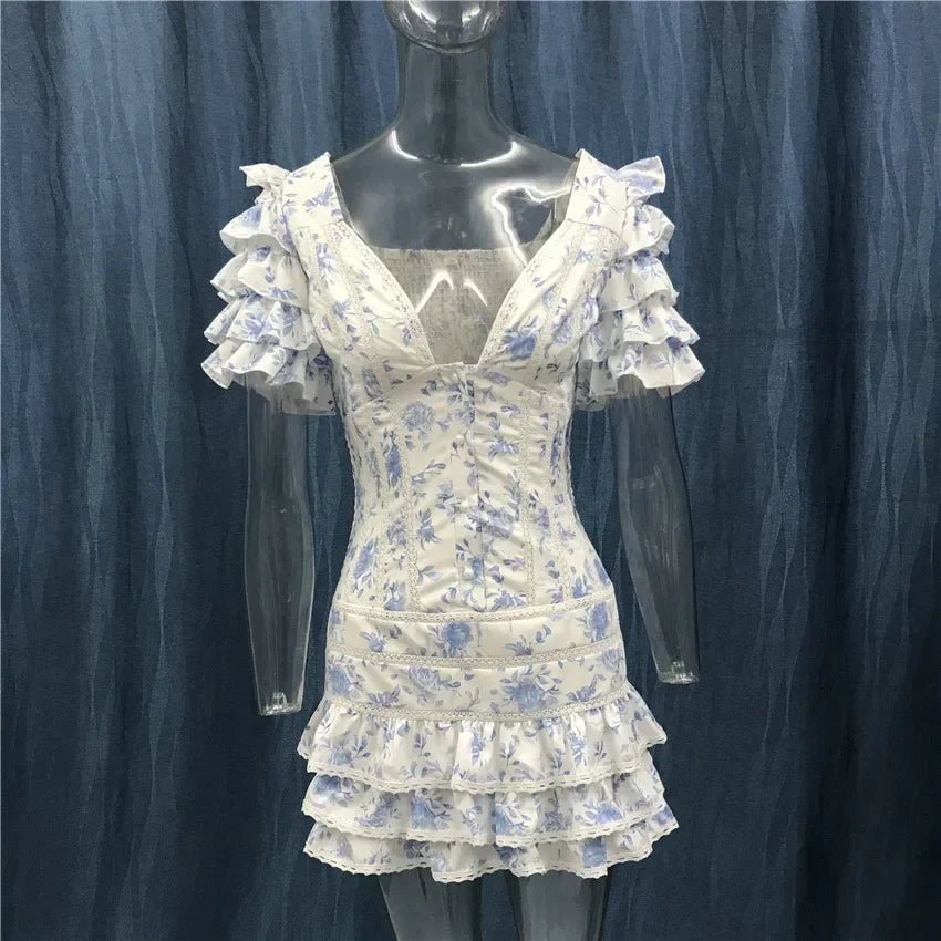 New Sweet Floral Print V-Neck Ruffle Light Blue mini dress for Women