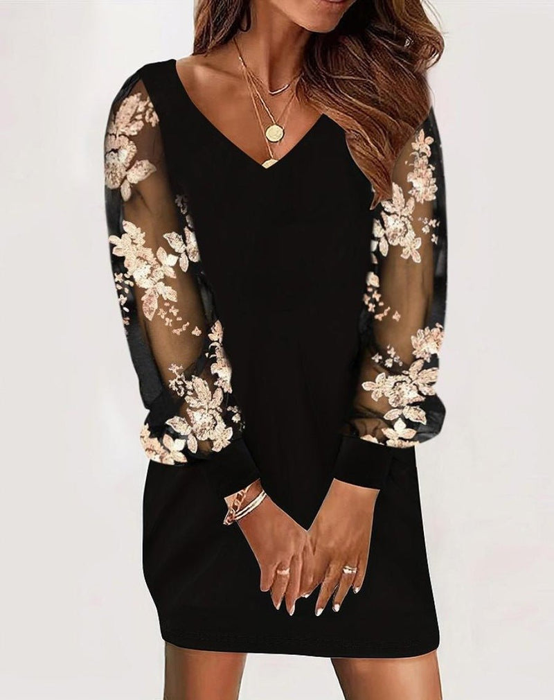 Elegant Long-Sleeved V-Neck Lace Splicing Dress for Women - Adistore