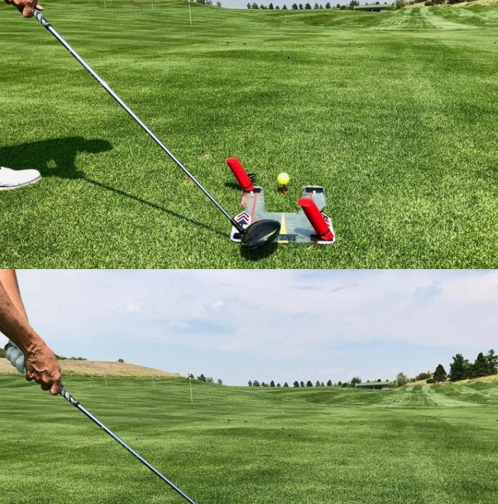Golf swing mirror UK — swing training aid being used outdoors