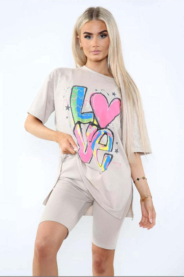 Love Slogan Co-Ord Set – Side Slit T-Shirt & Cycling Shorts