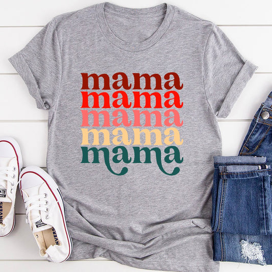 A vintage-style t-shirt with the word "Mama" in a retro font, printed in (colour) ink.