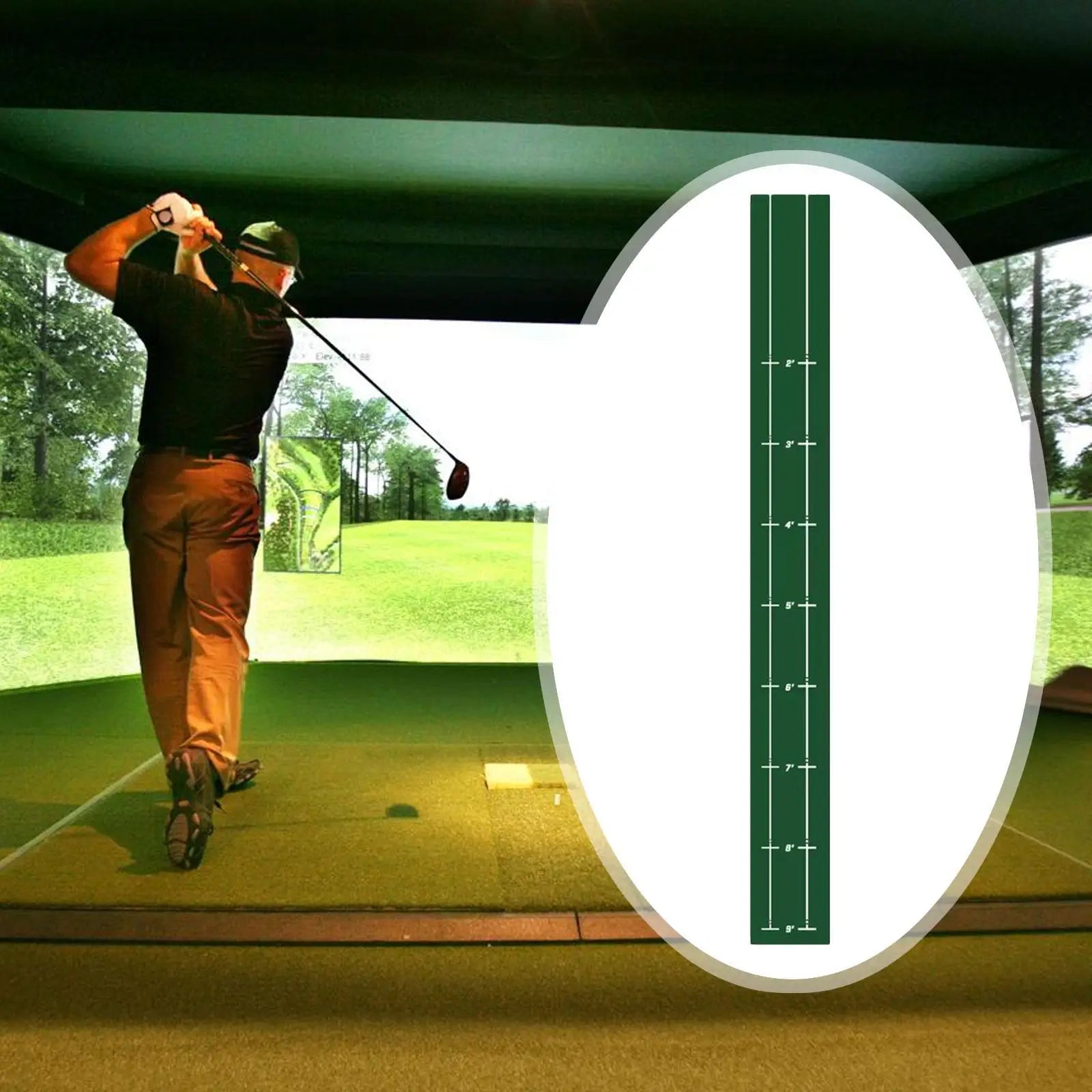 Golfer practicing swing on a driving range with a close-up of a golf club face inset.