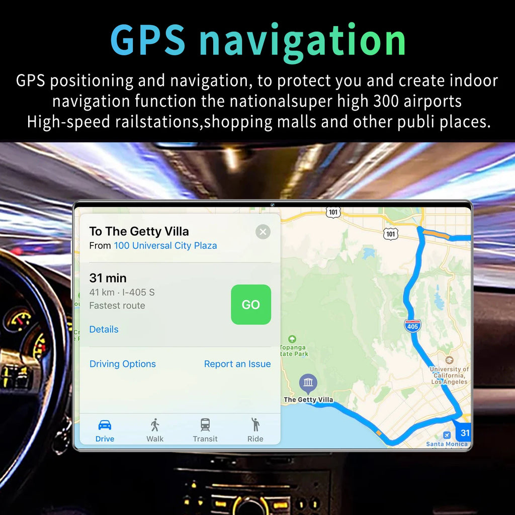 Car dashboard with GPS navigation system displaying a route to The Getty Villa.