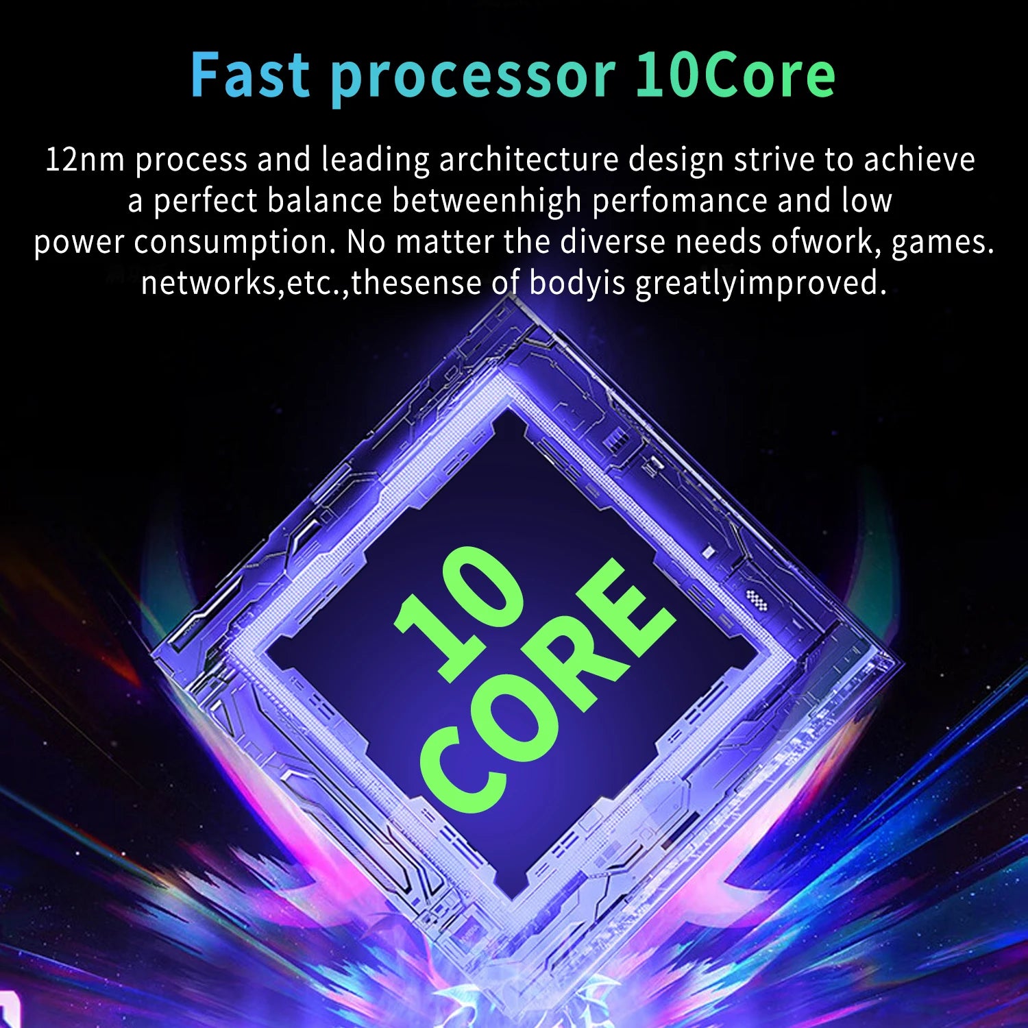 10-core processor with glowing text on a dark background