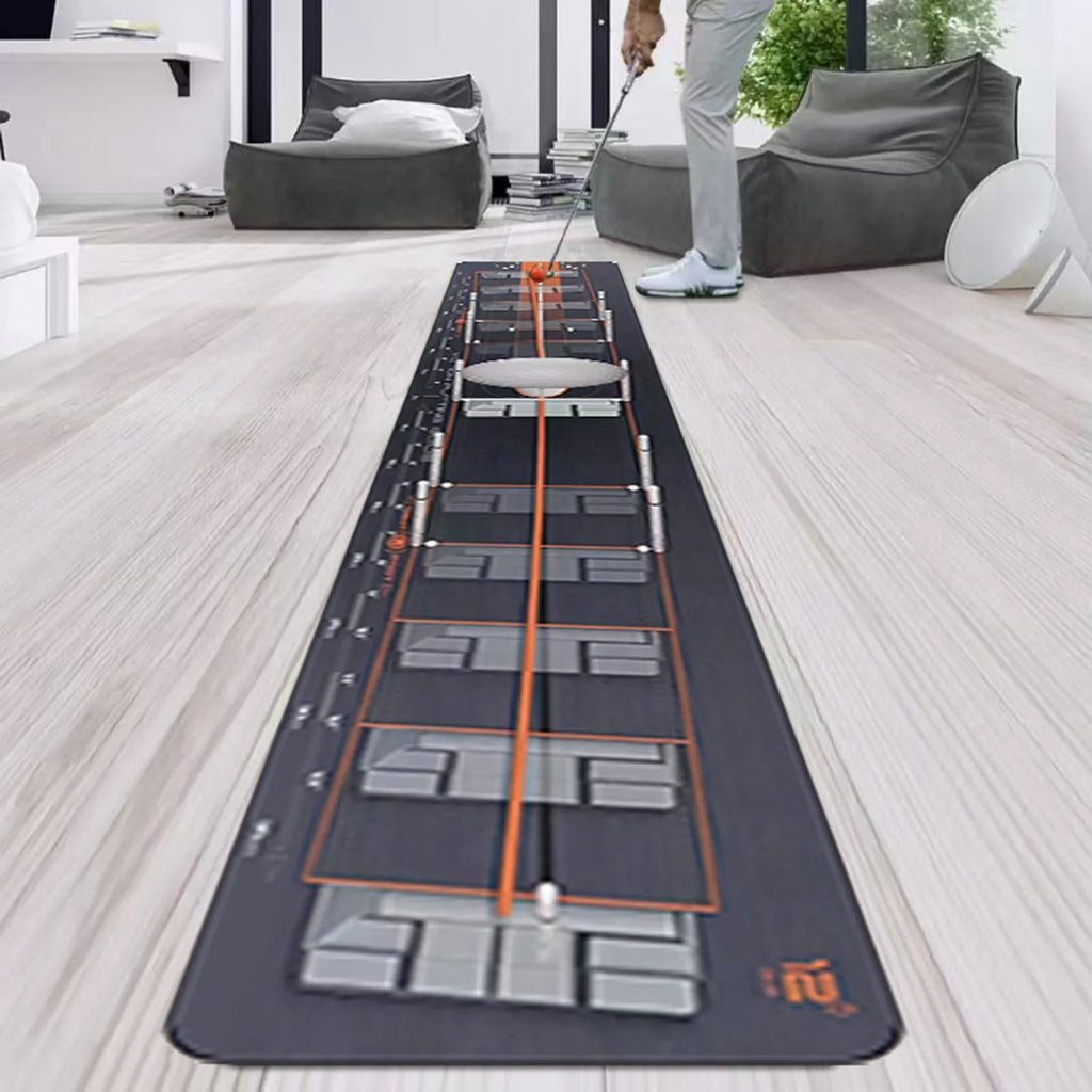 Golf simulator mat with golf club on a wooden floor in a modern living room.