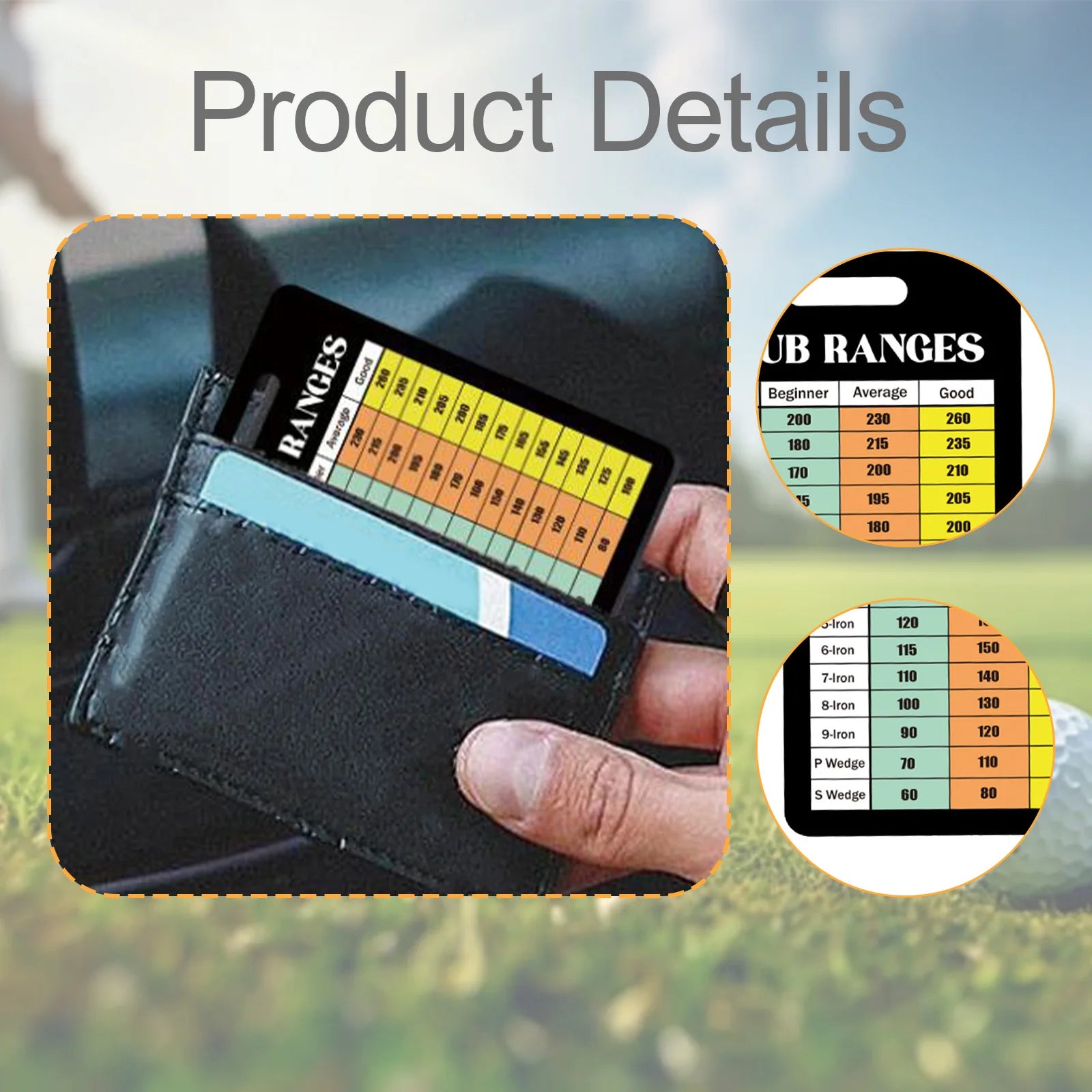 Golf club weight range card in a case with golf course background