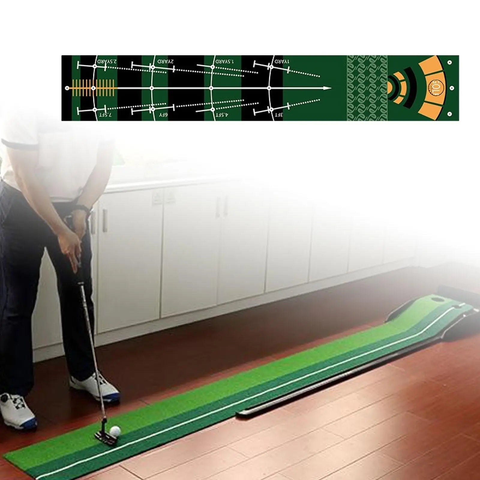 Person using a golf simulator mat indoors with a white cabinet in the background