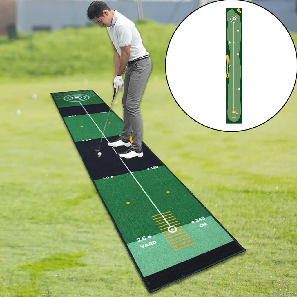 Person practicing golf on a mat with a close-up inset showing the mat's design.