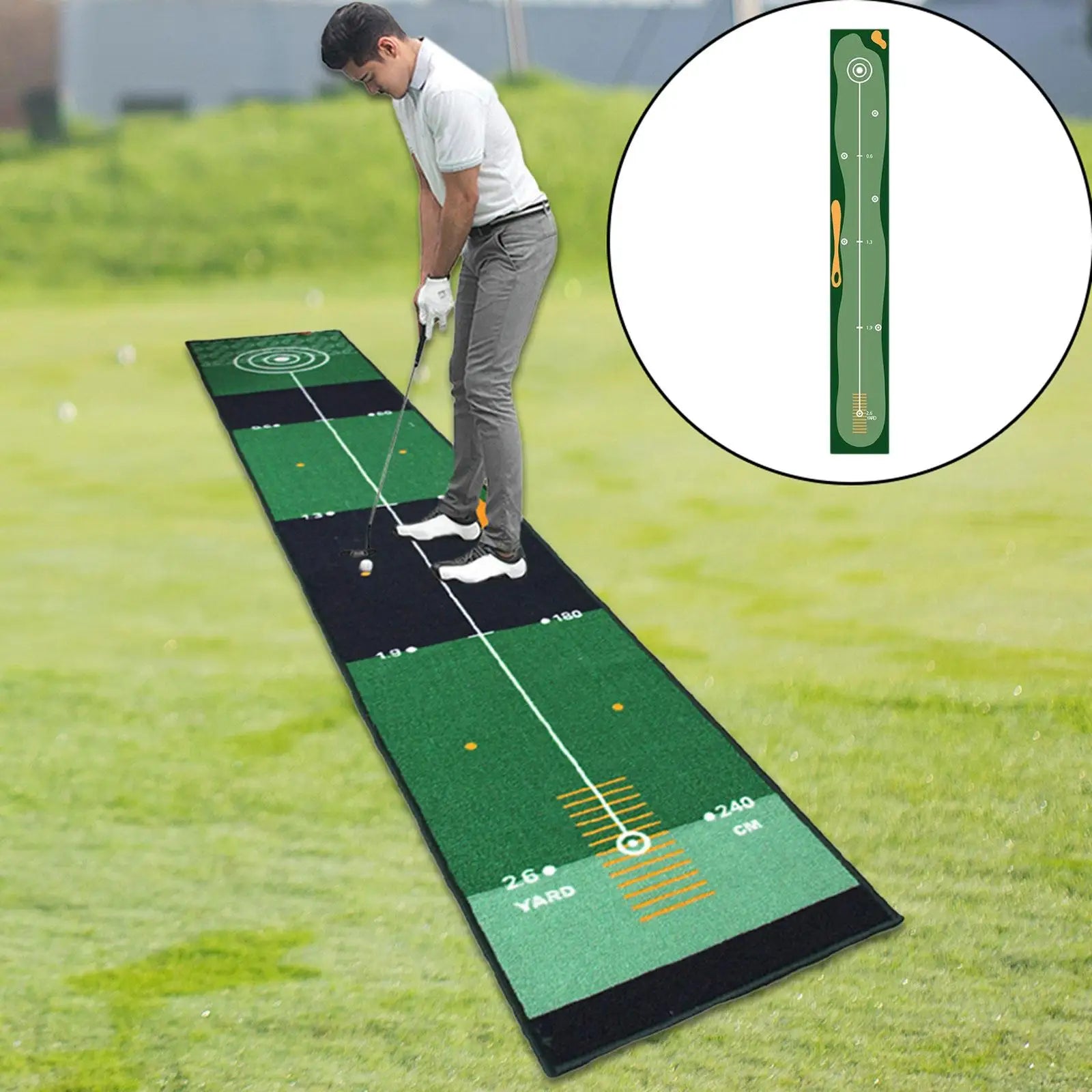 Person practicing golf on a mat with a close-up inset showing the mat's design.