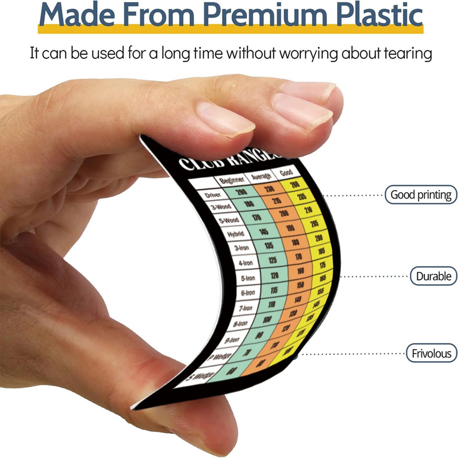 Hand holding a curved plastic sheet with a color range chart, text about durability, and product name 'Clevy Range'.