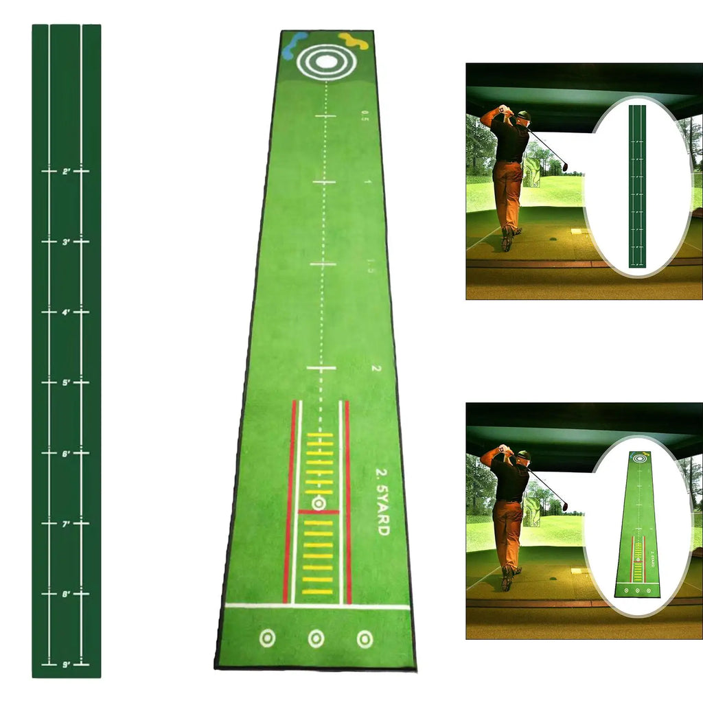 Golf practice mat with measurement markings and inset images of a person using it.