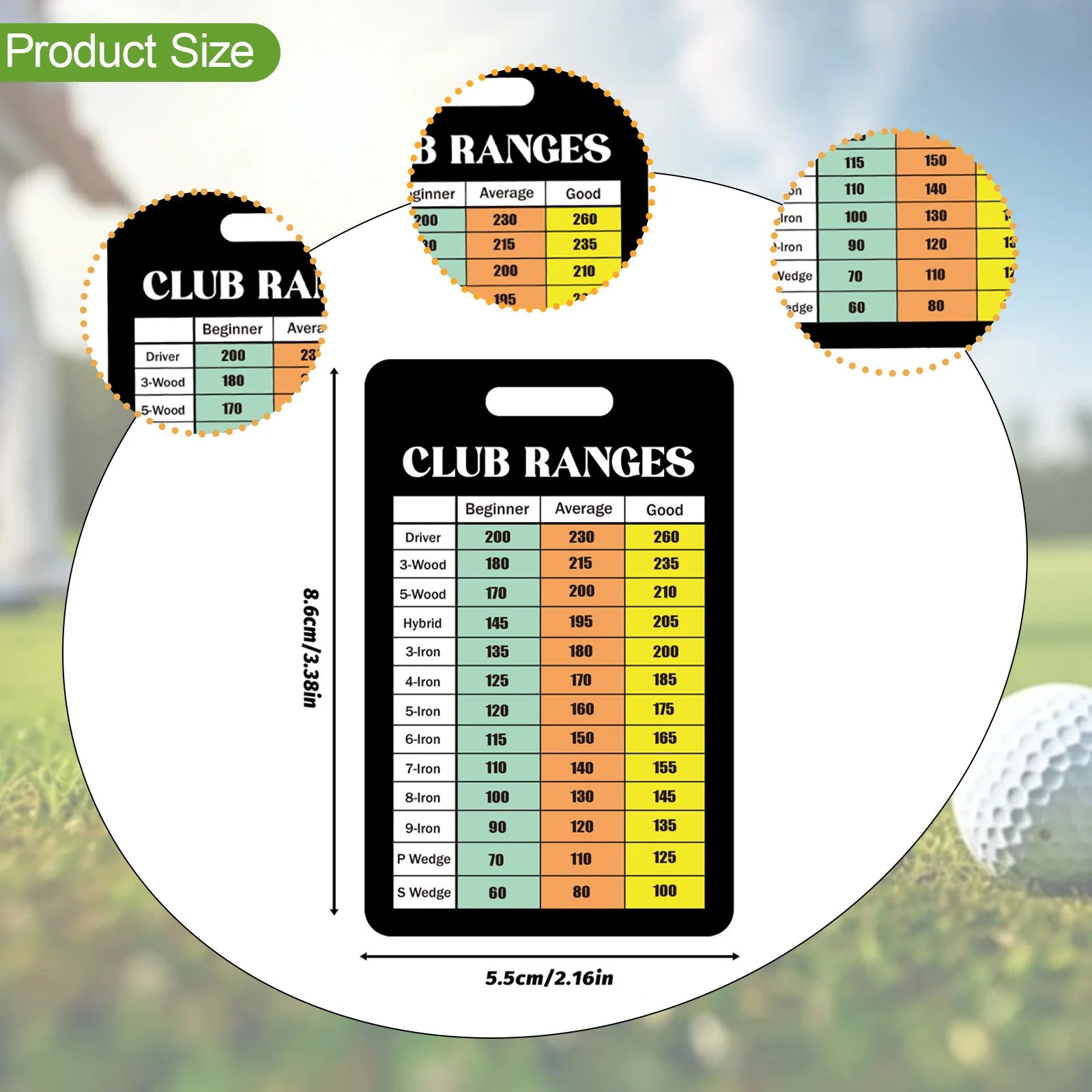 Golf club range chart with measurements on a blurred golf course background